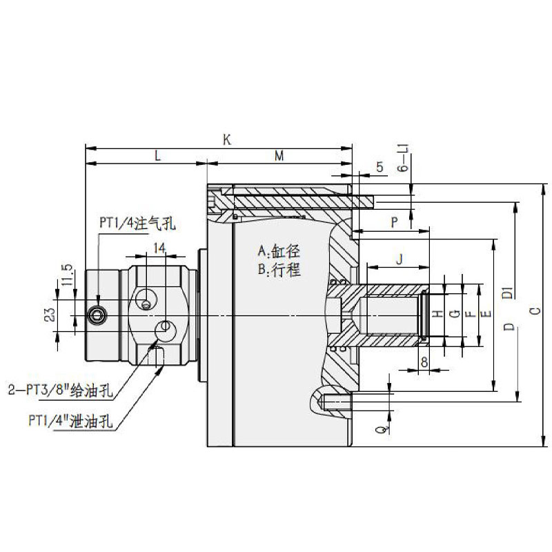 RK-Q 中实回转油缸（注气型）